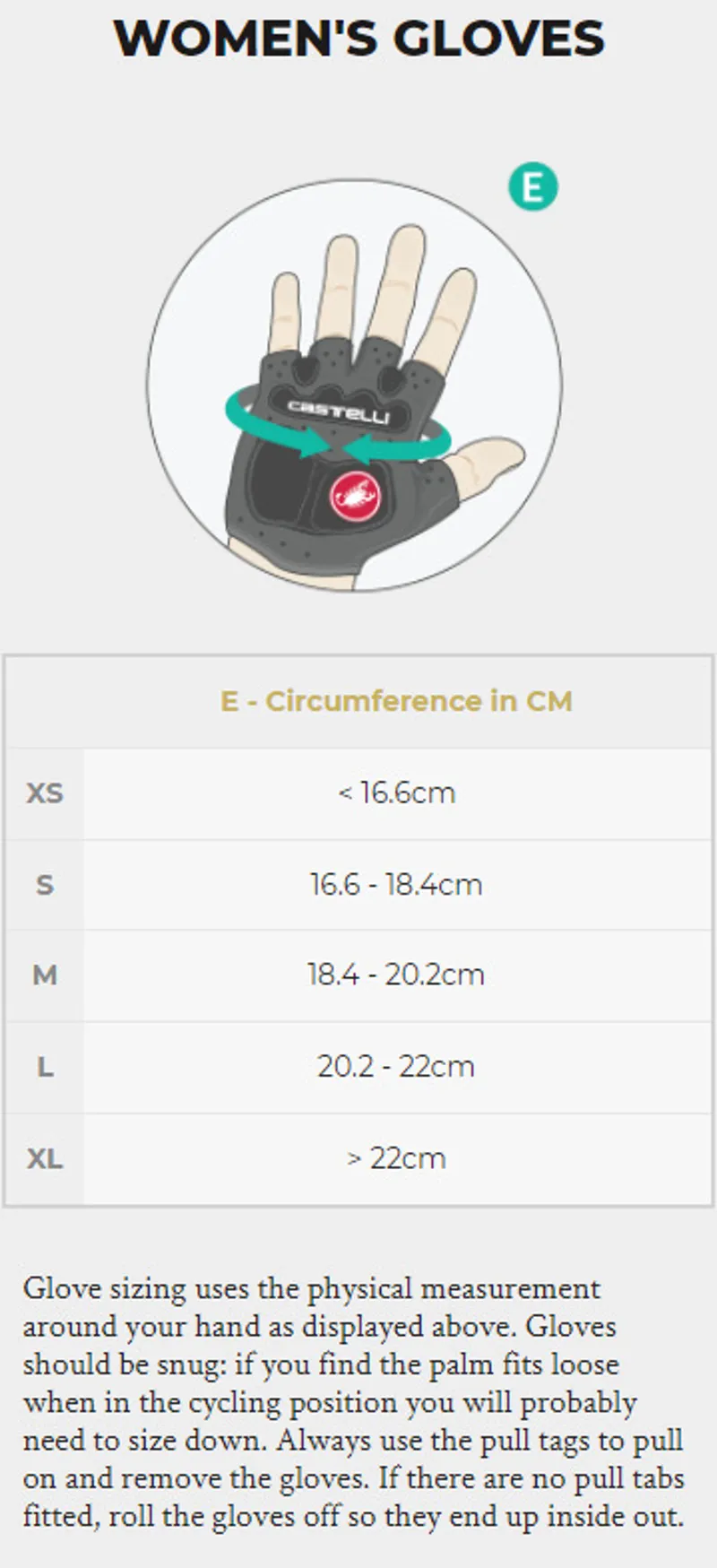 Castelli Women's Gloves Size Guide